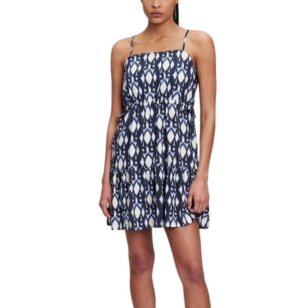 GAP Blue‎ White Tiered Sleeveless Linen Blend Geometric Mini Dress Sz XL Coastal